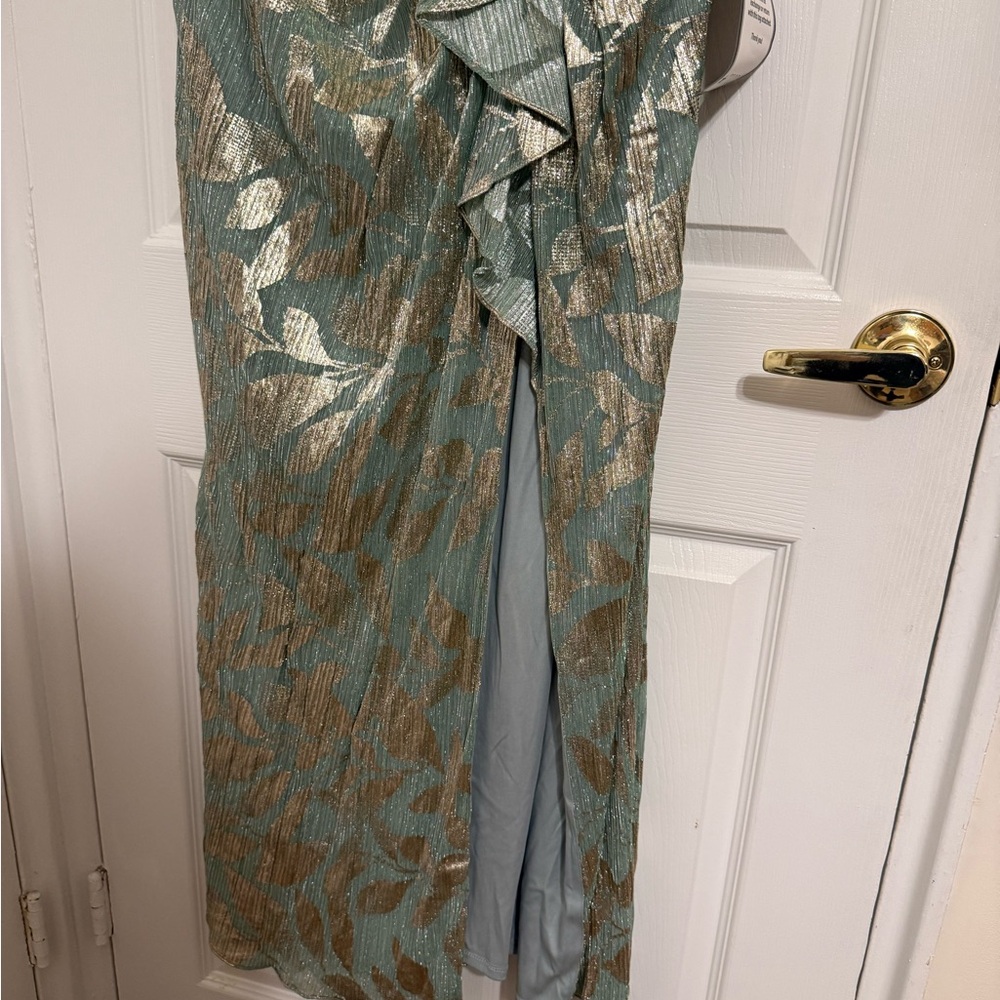 Adrianna Papell Sage and Gold Asymmetric Gown - Picture 2 of 6